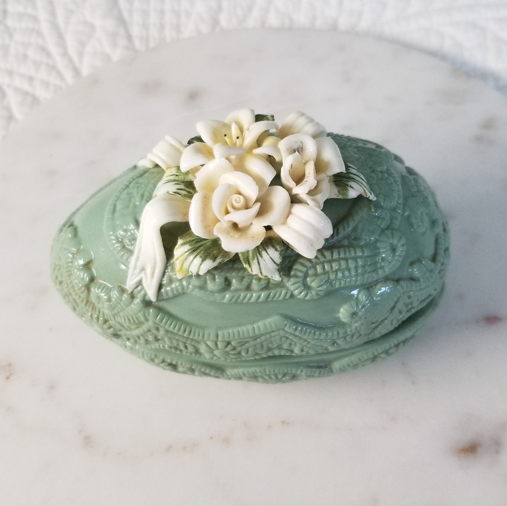 Vintage Avon Sage green and white ceramic Egg trinket dish